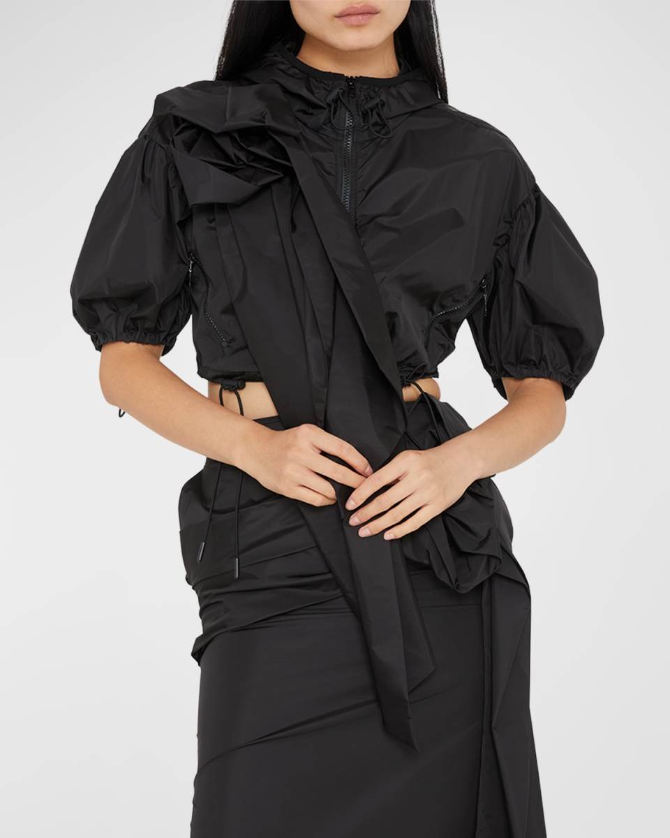 Pressed Rose-Applique Puff-Sleeve Crop Jacket